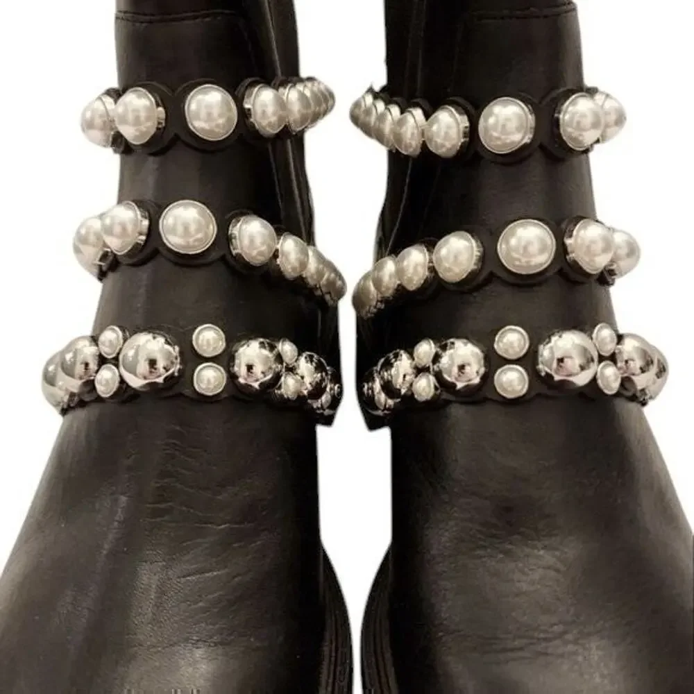 ZARA lug sole FLATFORM LEATHER ANKLE BOOTS WITH FAUX PEARL STRAPS size 39 8 new!